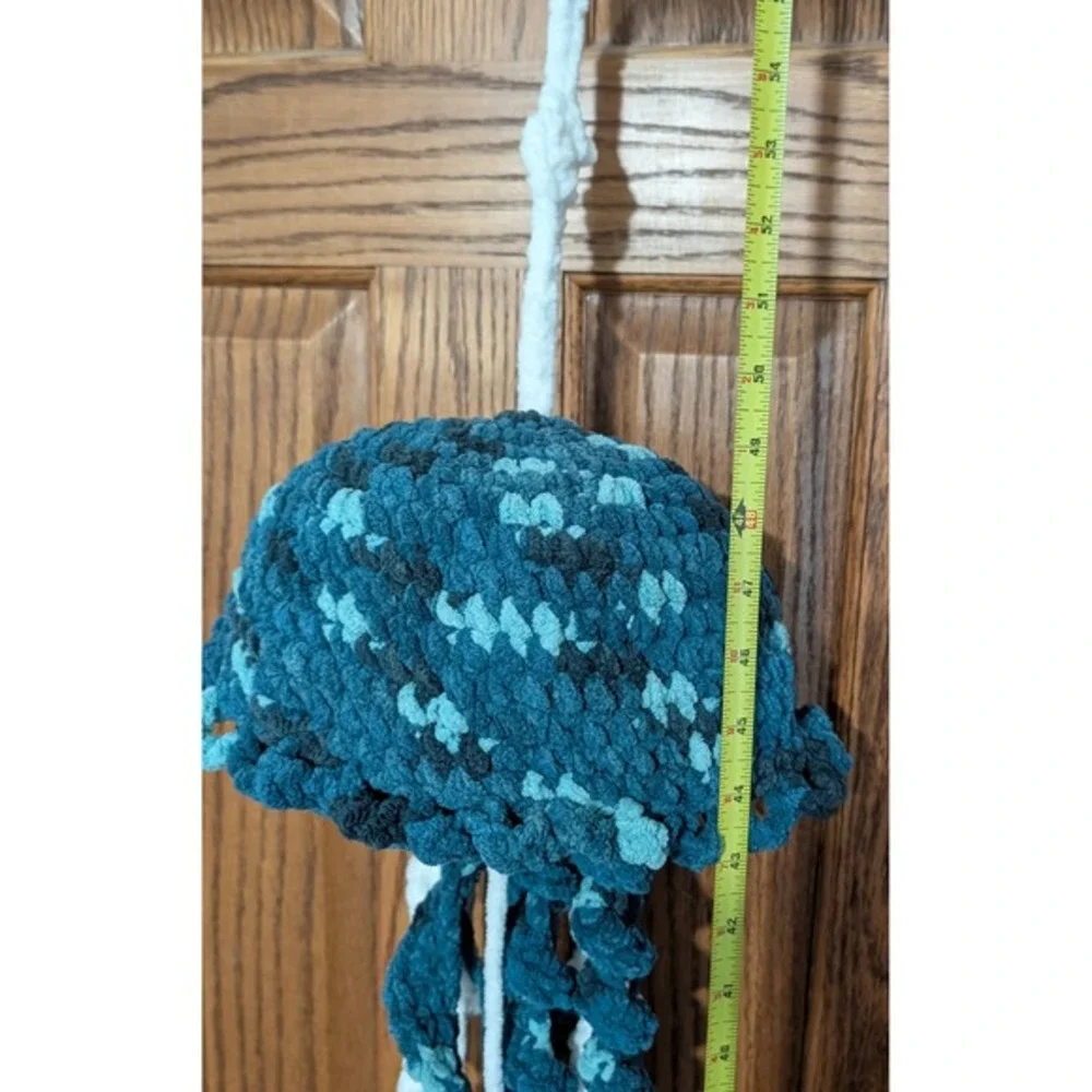Handmade Crochet Plush Jellyfish Wall Hanging Ocean Decor Blue Teal White